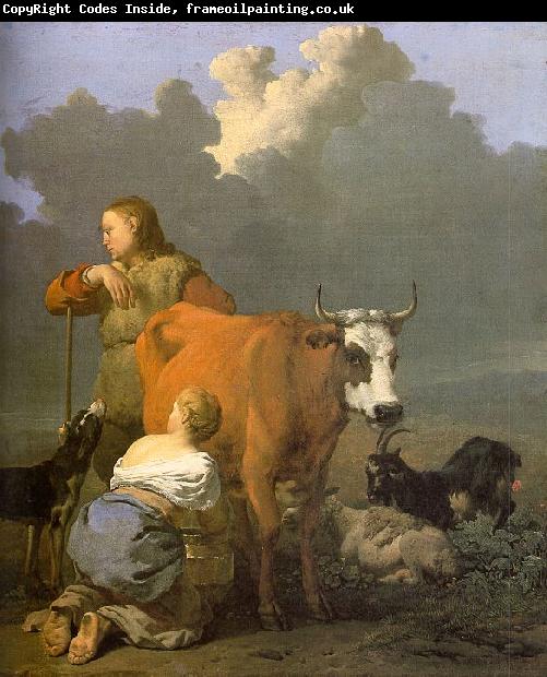 Karel Dujardin Woman Milking a Red Cow